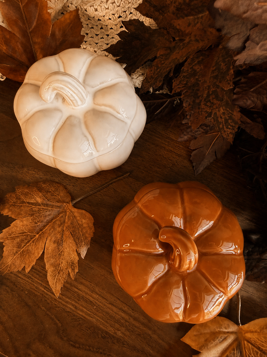 Golden Harvest lidded pumpkin candles in Ivory and Autumn Orange