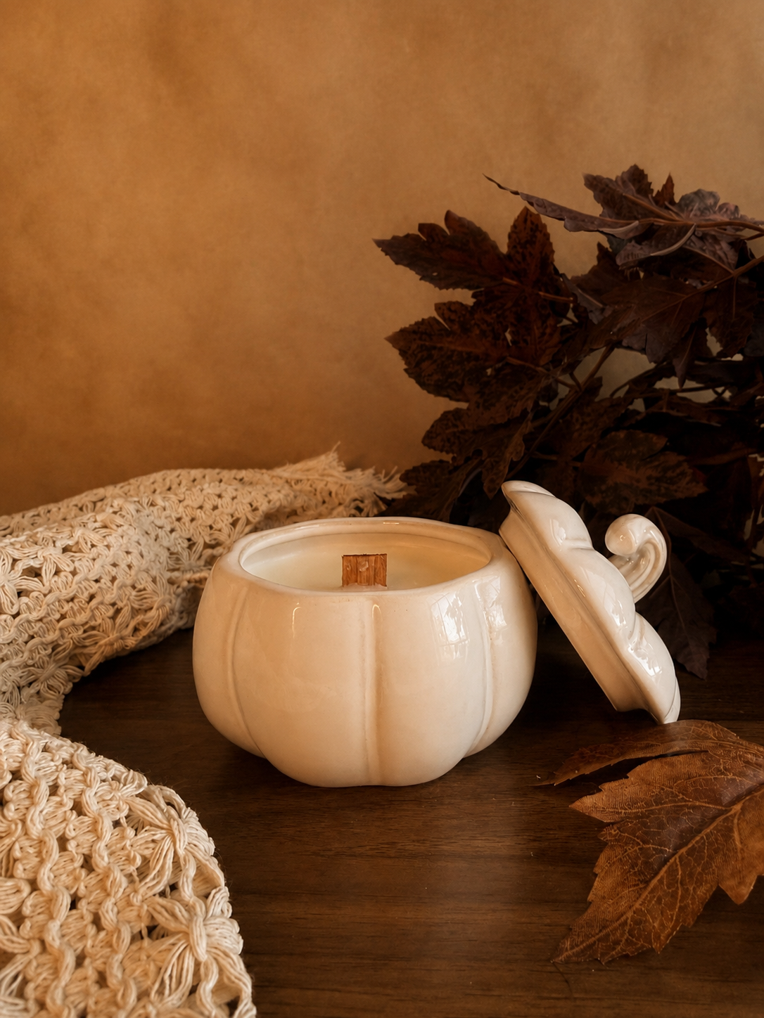 Open Golden Harvest Ivory pumpkin candle
