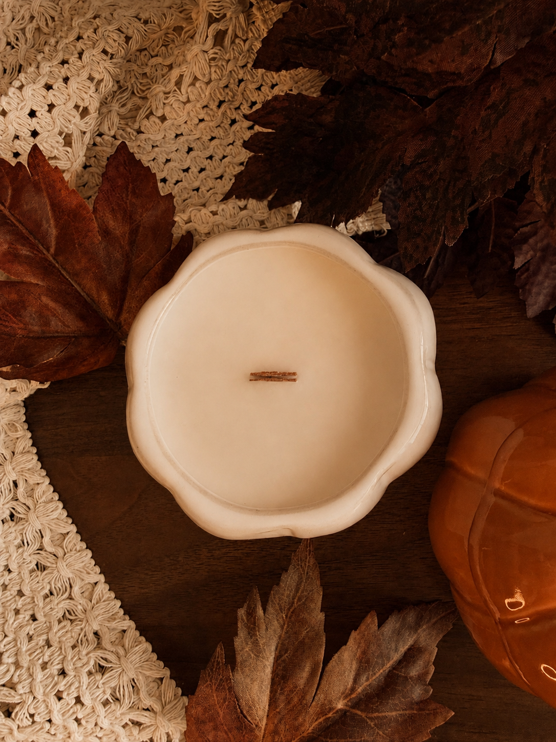 Top view of the Golden Harvest Ivory pumpkin candle